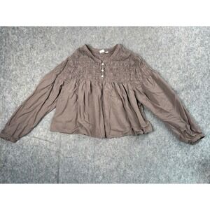 Gap Blouse Womens M Brown Cotton‎ Dobby Smocked Boho Peplum Long Sleeve Top Chic